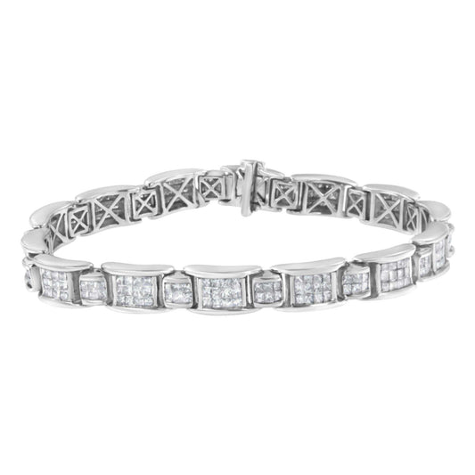 14K white gold 7-inch tennis bracelet with alternating rectangular stations featuring princess-cut diamonds totaling 5.0 carats