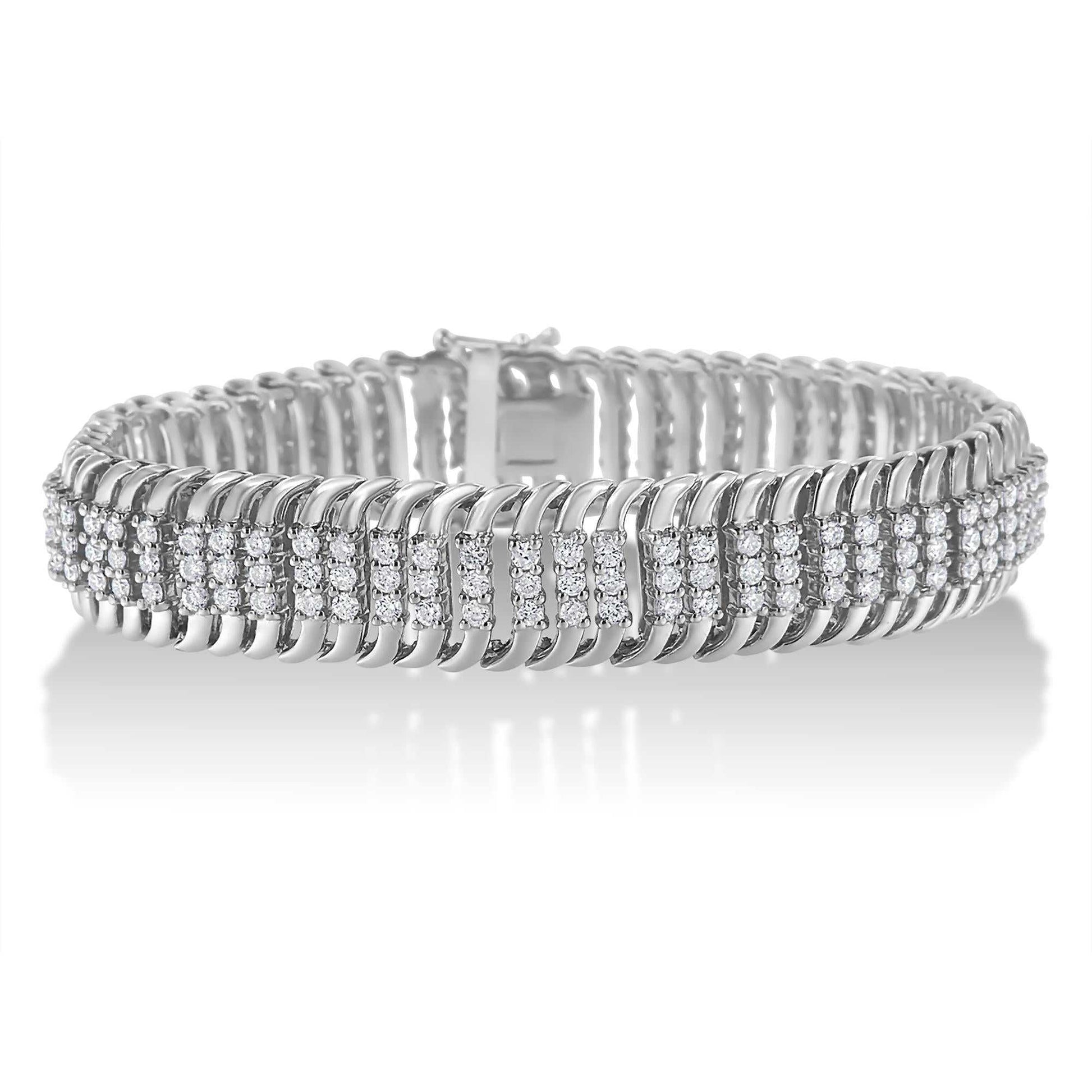 14K white gold tennis bracelet with 5.0 carat round brilliant cut diamonds and S-shaped links