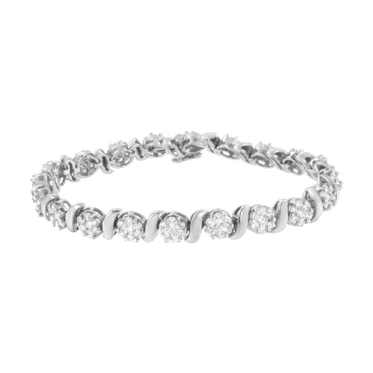 14K white gold diamond floral cluster S-link tennis bracelet size 7 inches