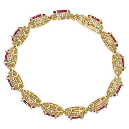 14K Yellow Gold 6 2/5 Cttw Diamond and 34.0 Cttw Oval Red Ruby Halo Link Bracelet (I-J Color, SI1-SI2 Clarity) - 7.25" I - The Sparkling Squirrels 
