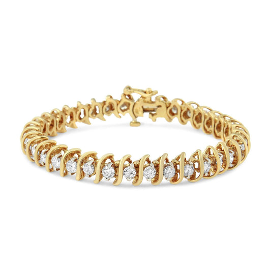 AGS Certified 18K yellow gold diamond tennis bracelet with 5.00 carat round brilliant diamonds in S-link design