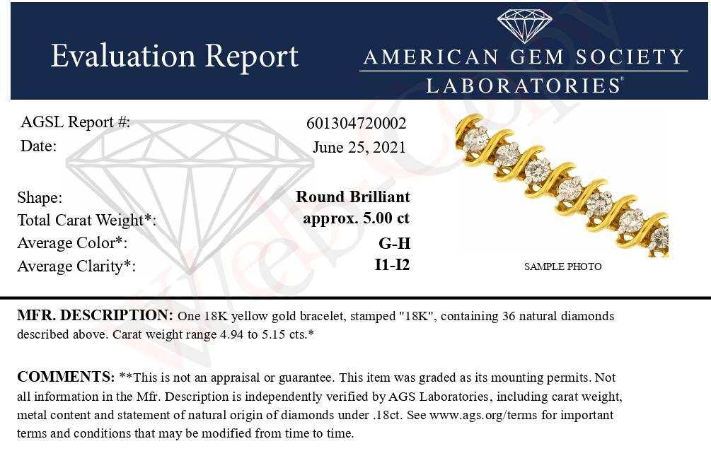 AGS Certified 18K Yellow Gold 5.00 Cttw "S" Link Wrapped 2-Prong Set Round Brilliant Diamond Tennis Bracelet (G-H Color, - The Sparkling Squirrels & Co. 