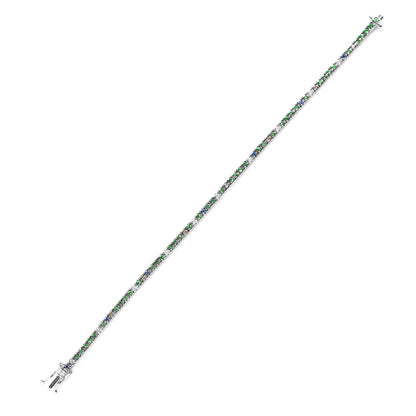18K white gold tennis bracelet with blue sapphires, green tsavorite gemstones, and 3/8 cttw diamonds