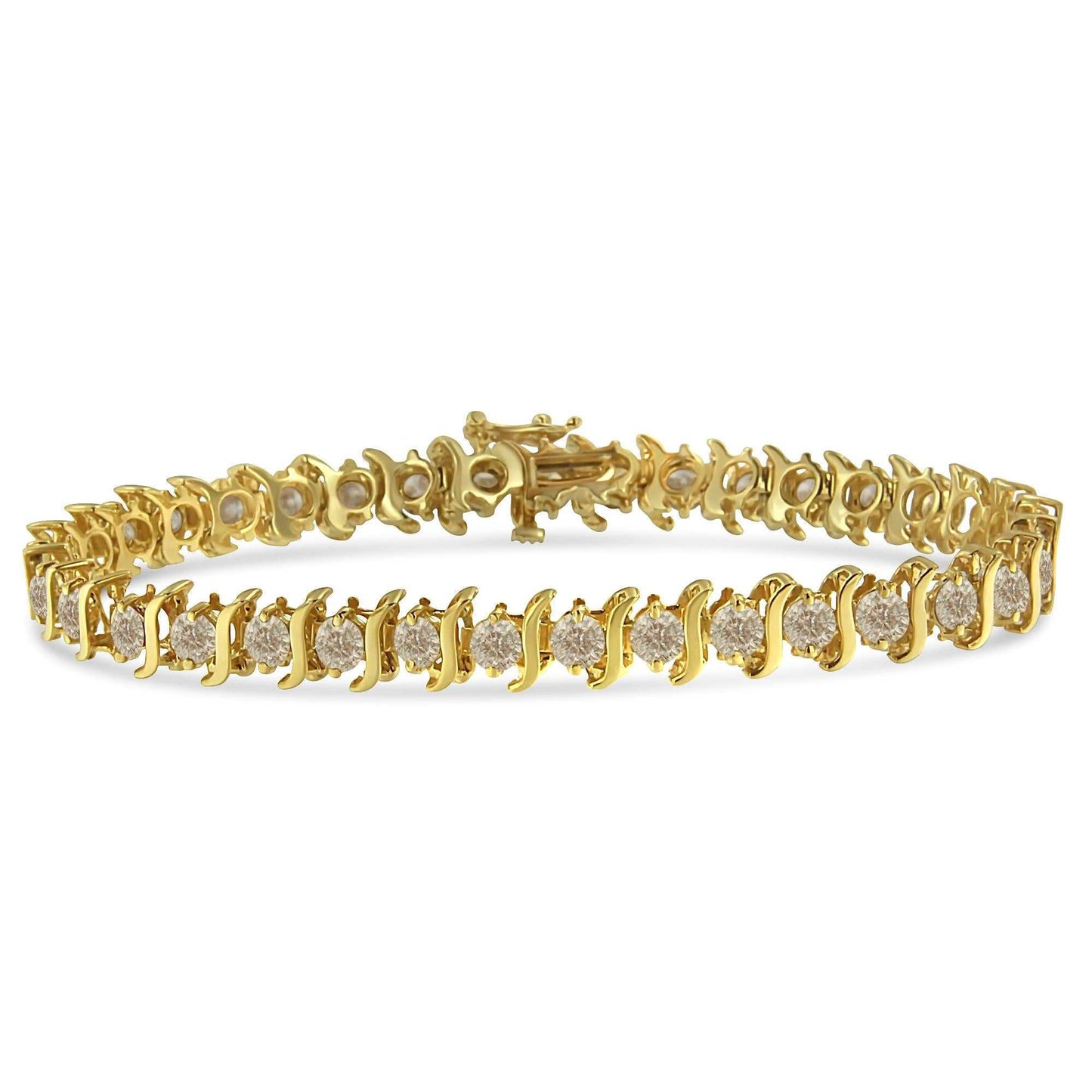 10K yellow gold coated sterling silver bracelet with prong set round brilliant cut diamonds and S-shaped links