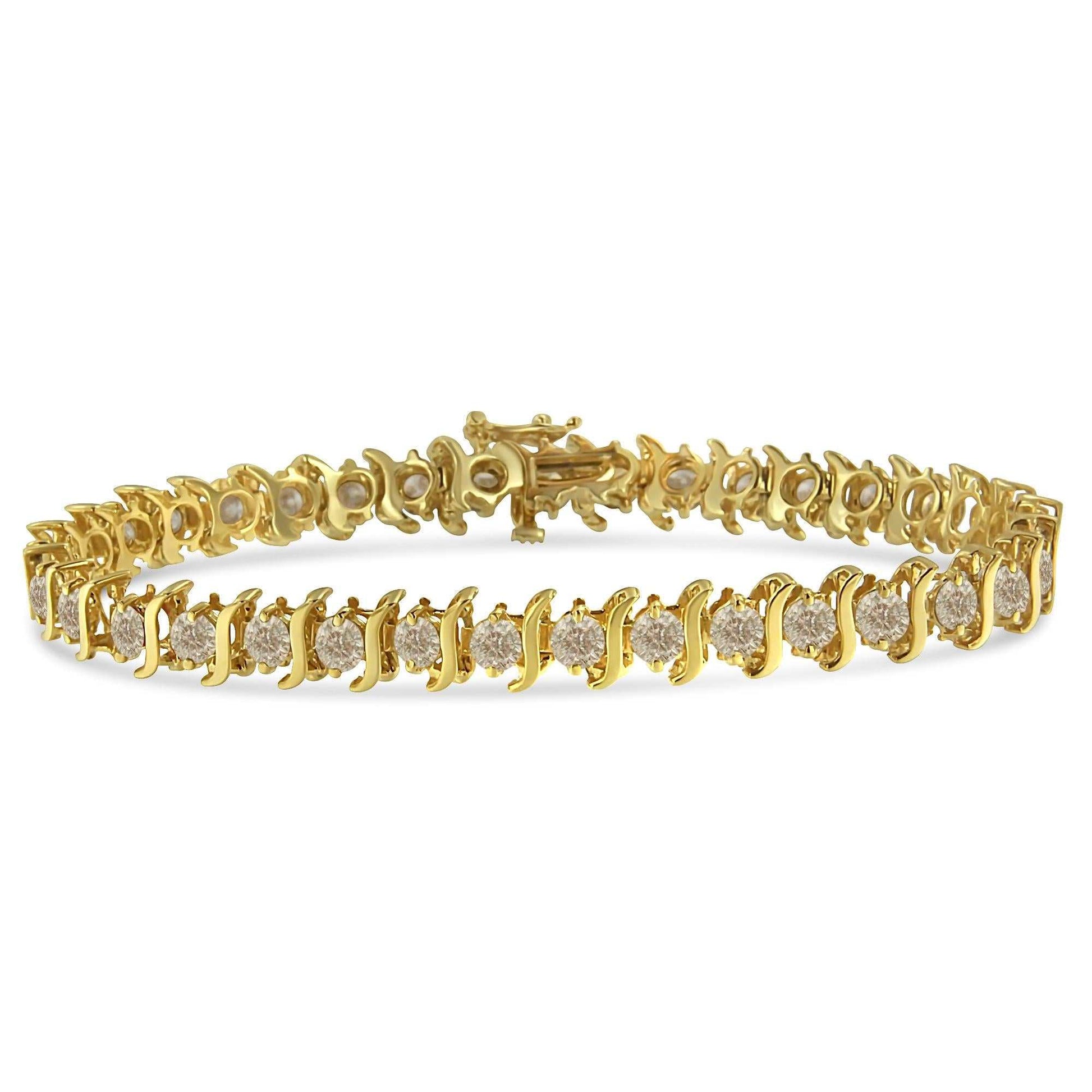 10K yellow gold coated sterling silver bracelet with prong set round brilliant cut diamonds and S-shaped links