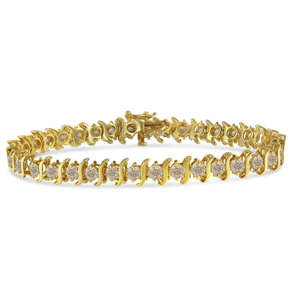 10K yellow gold coated sterling silver bracelet with prong set round brilliant cut diamonds and S-shaped links