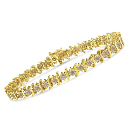 10K yellow gold coated sterling silver bracelet with prong set round brilliant cut diamonds in S link design