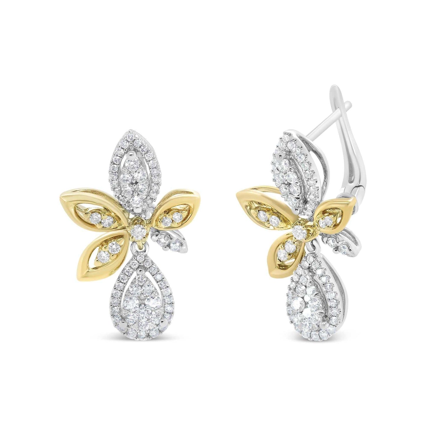 14K white and yellow gold diamond teardrop and marquise shape dangle earrings with pave-set round diamonds