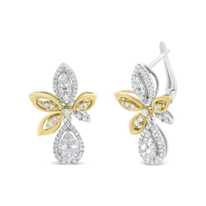 14K white and yellow gold diamond teardrop and marquise shape dangle earrings with pave-set round diamonds