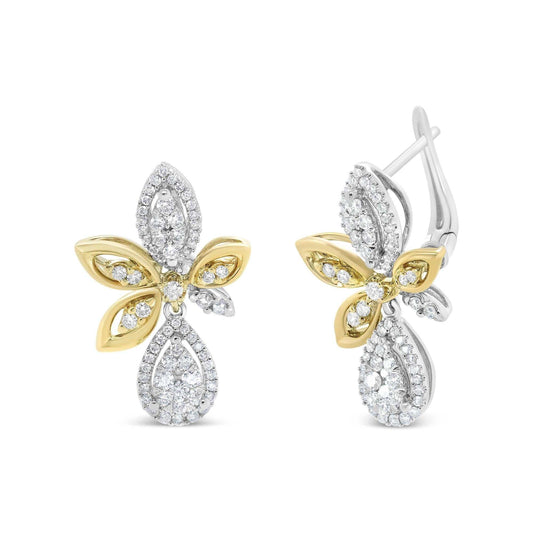 14K white and yellow gold diamond teardrop and marquise shape dangle earrings with pave-set round diamonds
