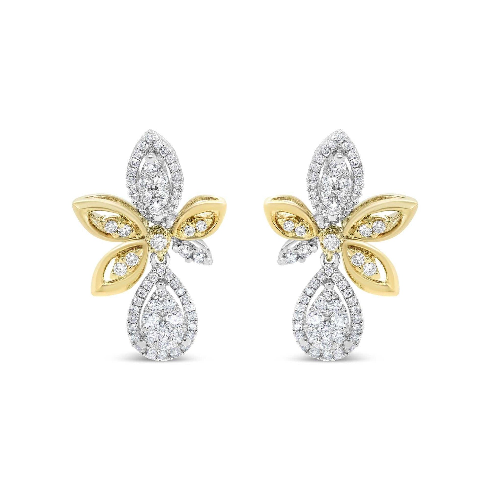 14K white and yellow gold drop dangle earrings with round pave-set diamonds in teardrop and marquise shapes