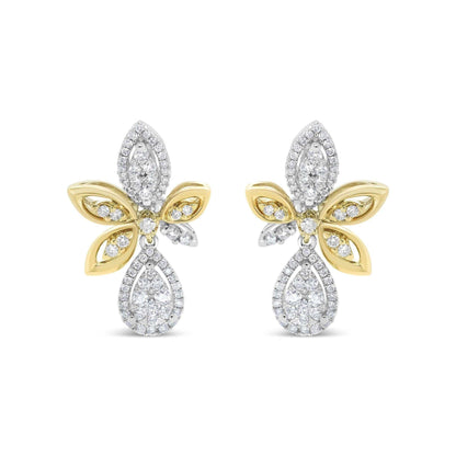 14K white and yellow gold drop dangle earrings with round pave-set diamonds in teardrop and marquise shapes
