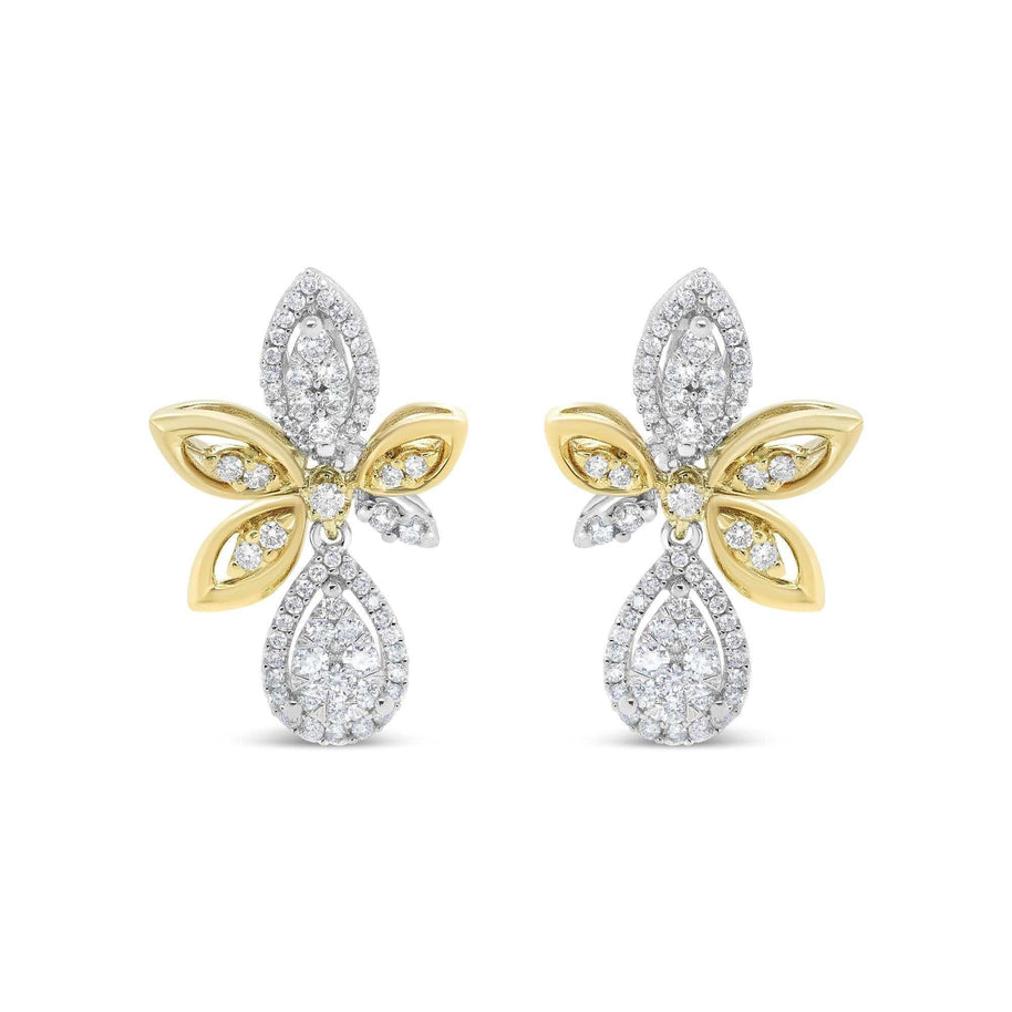 14K white and yellow gold drop dangle earrings with round pave-set diamonds in teardrop and marquise shapes