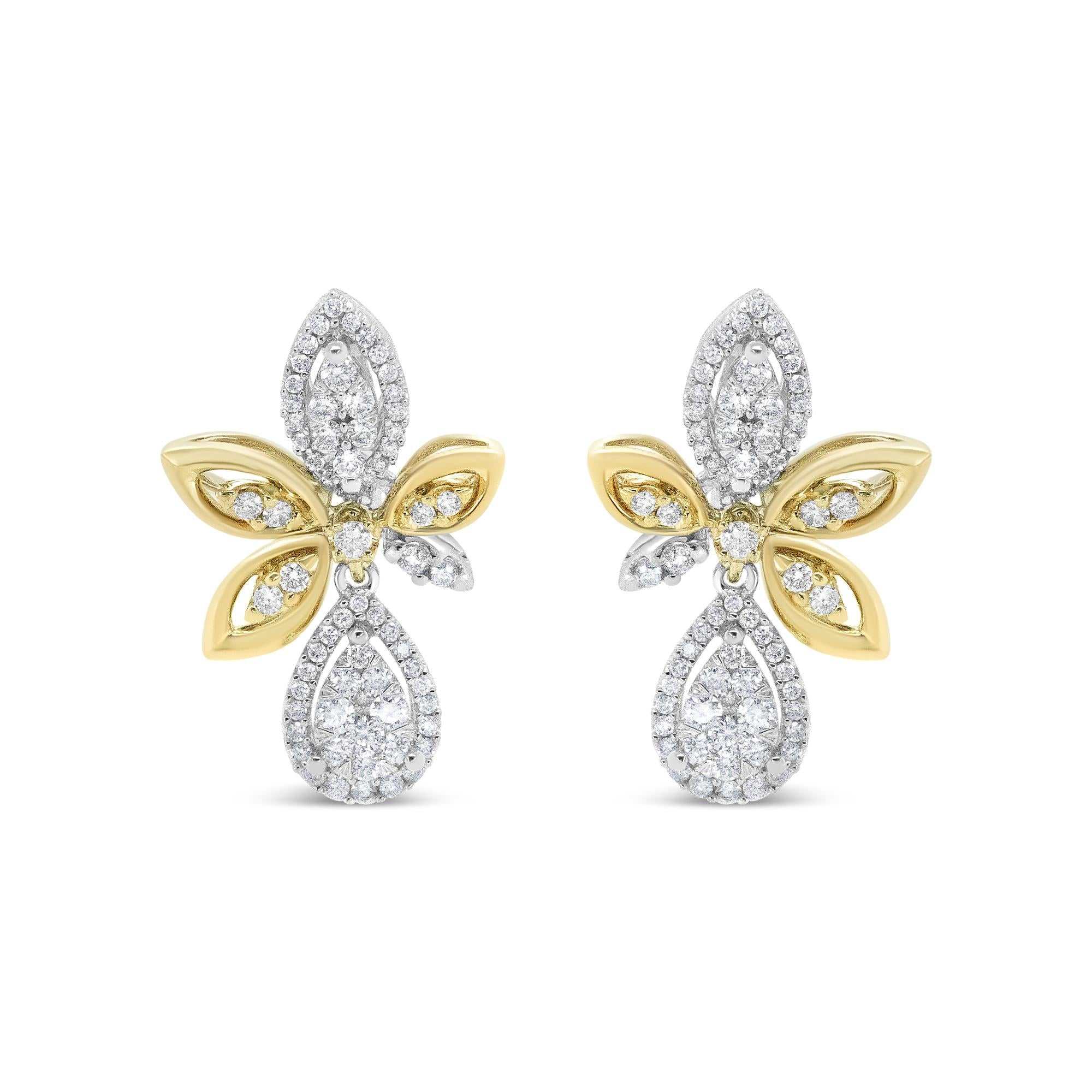14K white and yellow gold drop dangle earrings with round pave-set diamonds in teardrop and marquise shapes