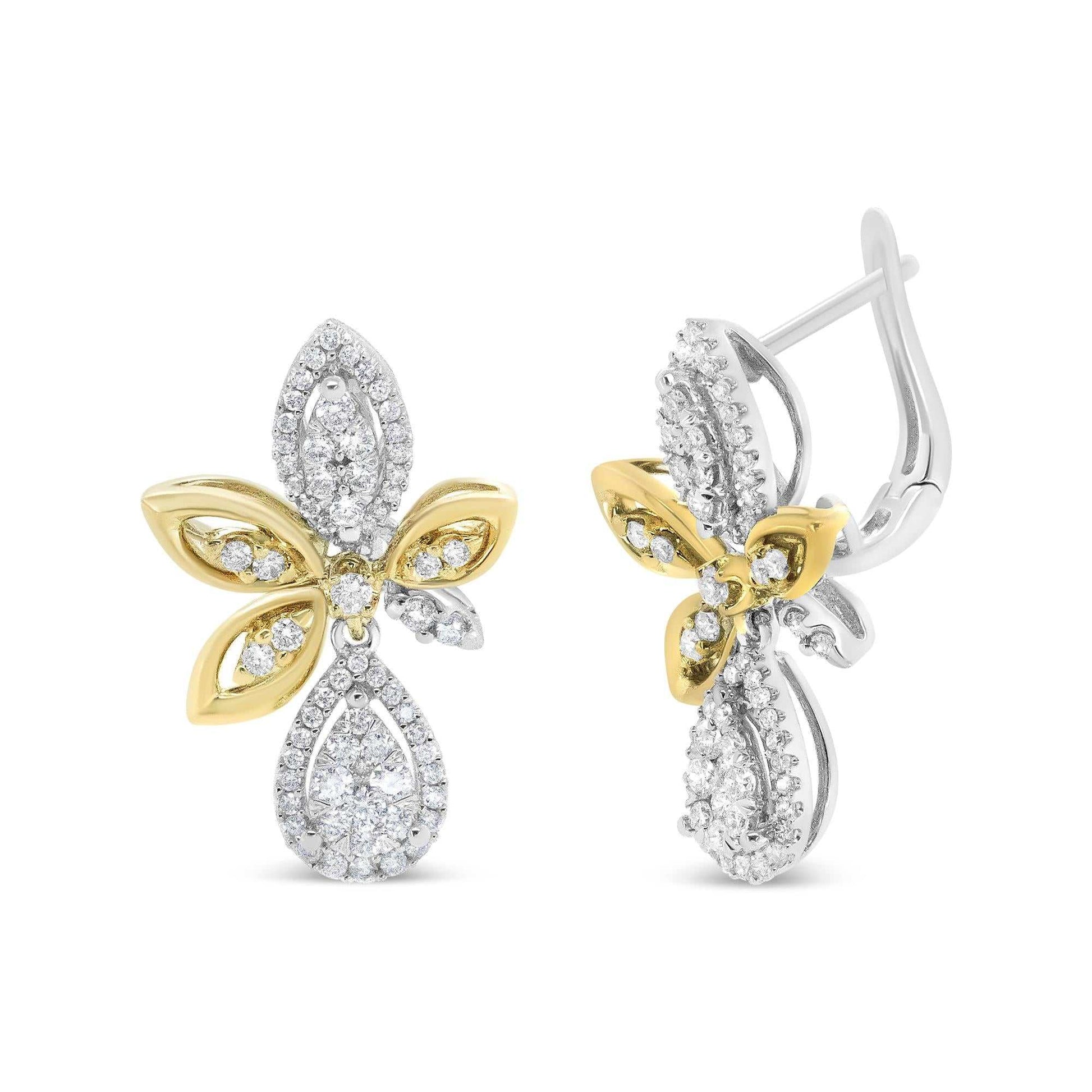 14K white and yellow gold diamond drop dangle earrings with teardrop and marquise shapes and pave-set round diamonds