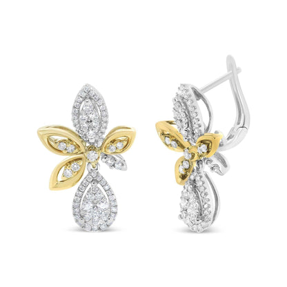14K white and yellow gold diamond drop dangle earrings with teardrop and marquise shapes and pave-set round diamonds