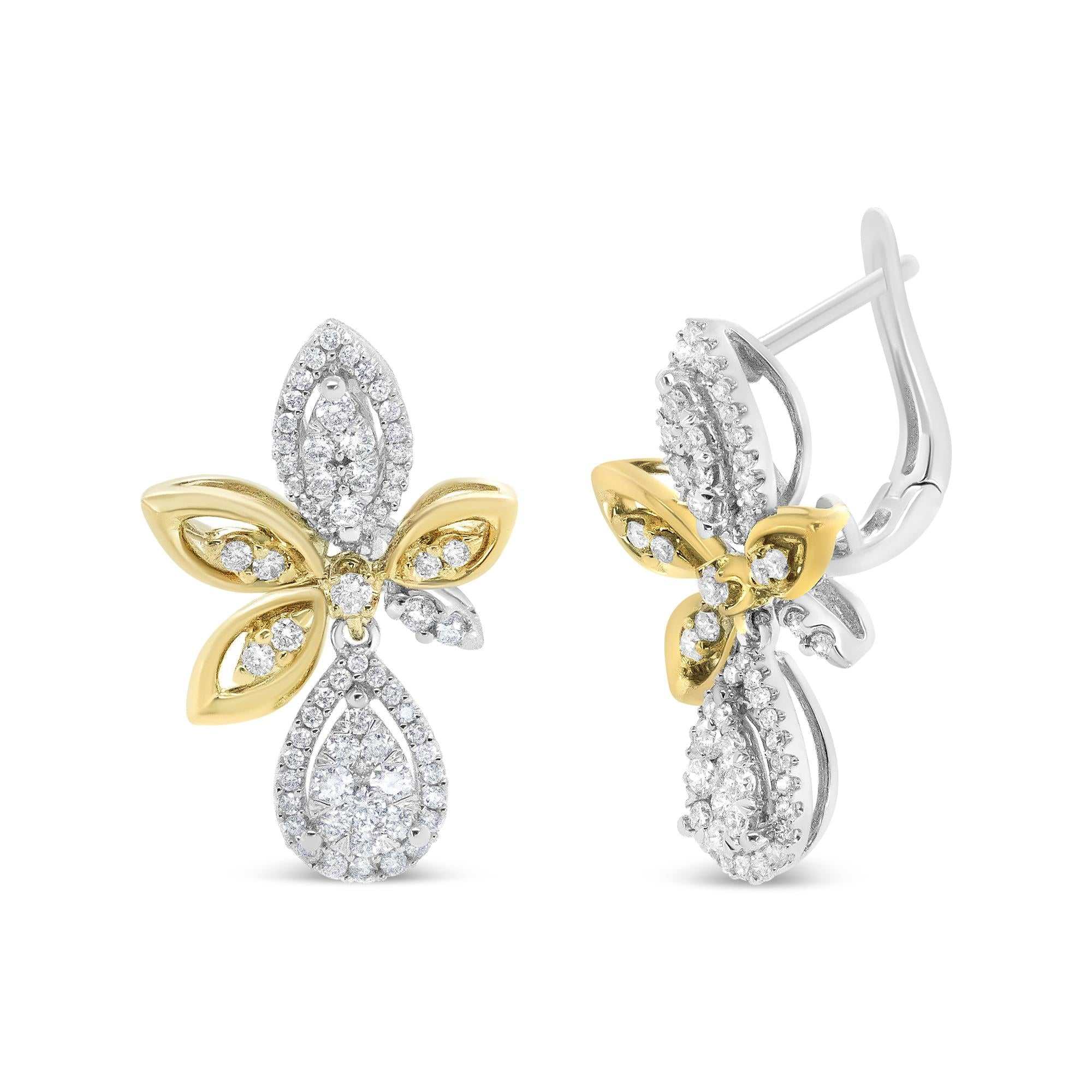 14K white and yellow gold diamond drop dangle earrings with teardrop and marquise shapes and pave-set round diamonds