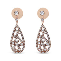 18K rose gold teardrop diamond drop dangle screw back stud earrings with bezel set diamonds and intricate design