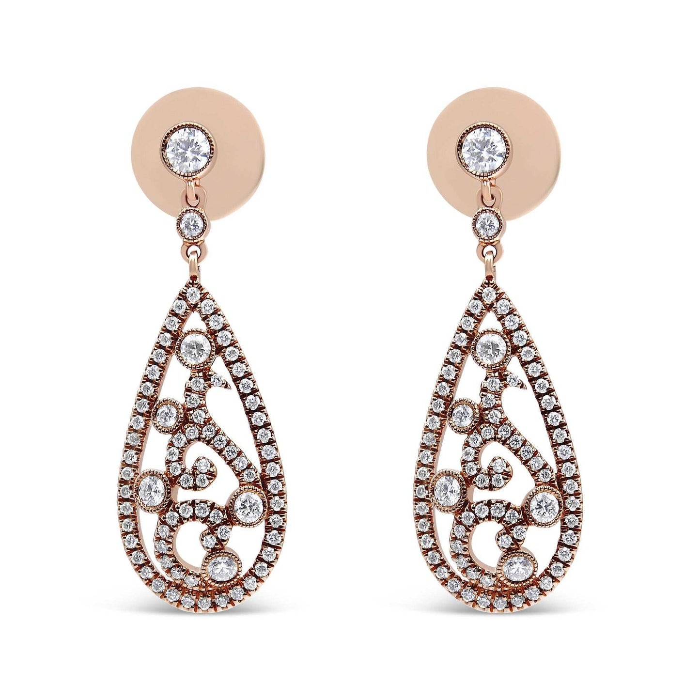 18K rose gold teardrop diamond drop dangle screw back stud earrings with bezel set diamonds and intricate design