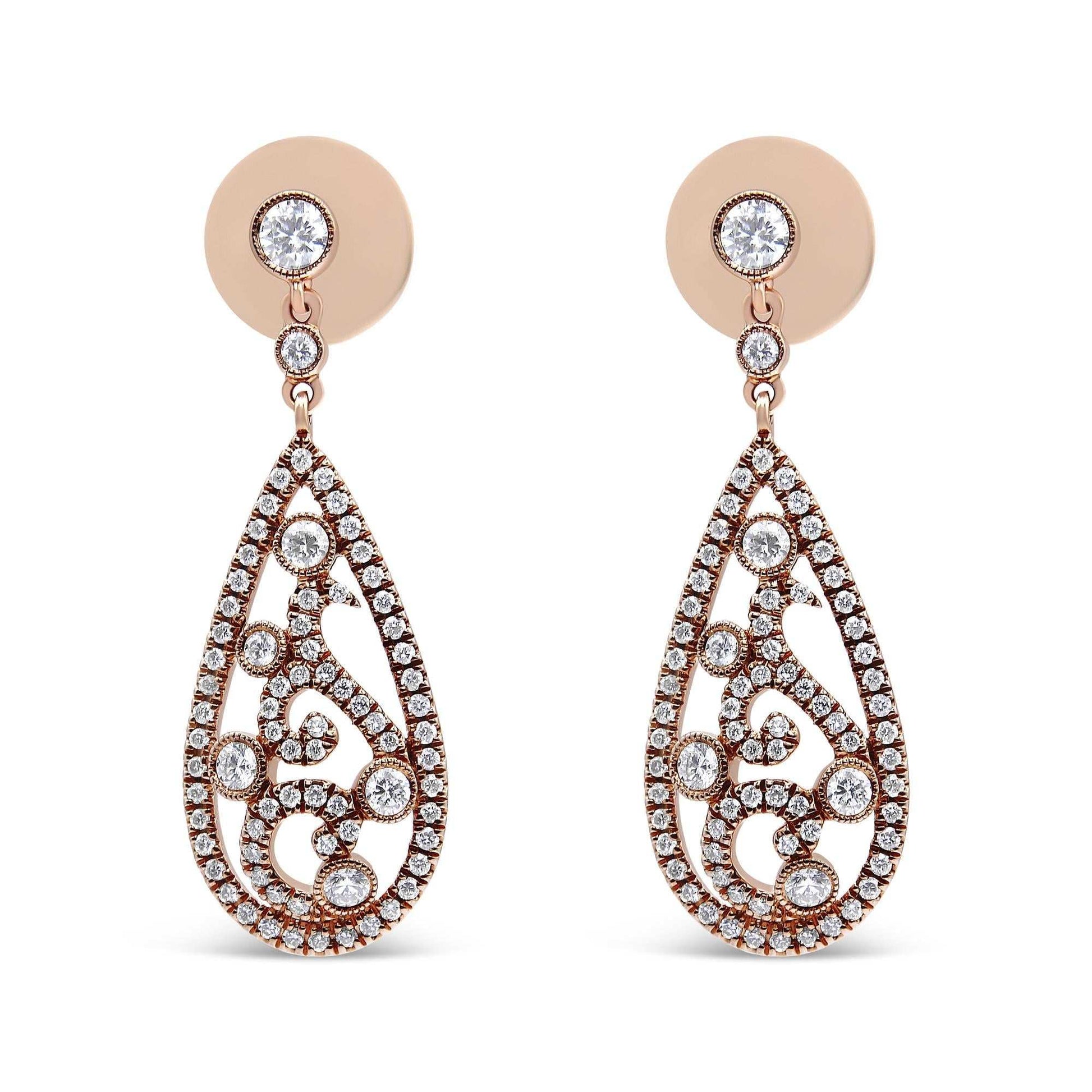 18K rose gold teardrop diamond drop dangle screw back stud earrings with bezel set diamonds and intricate design