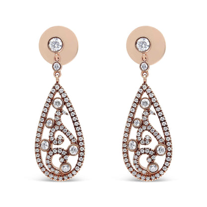 18K rose gold teardrop diamond drop dangle screw back stud earrings with bezel set diamonds and intricate design