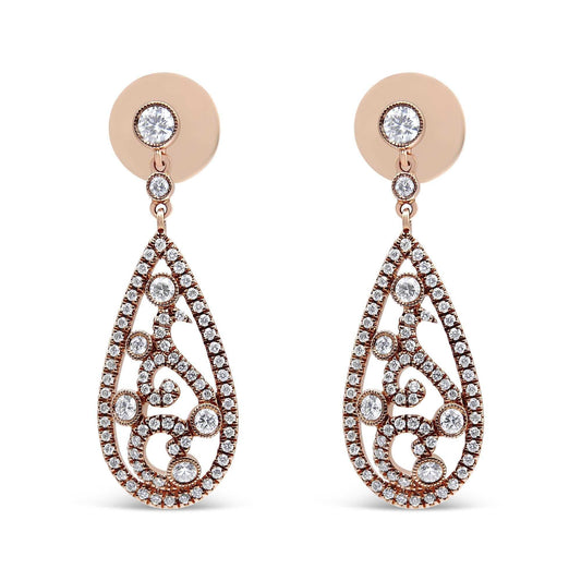 18K rose gold teardrop diamond drop dangle screw back stud earrings with bezel set diamonds and intricate design
