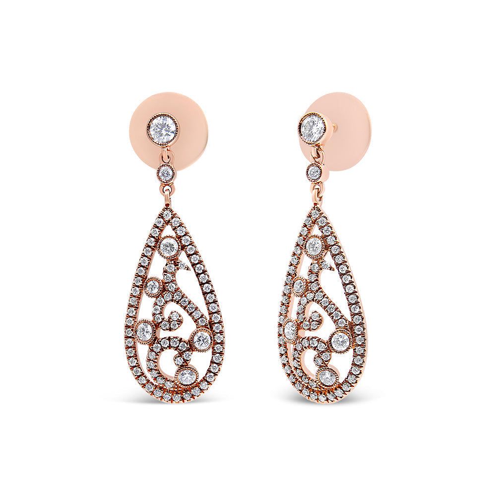 18K rose gold teardrop shaped diamond drop and dangle screw back stud earrings with intricate bezel set diamond design