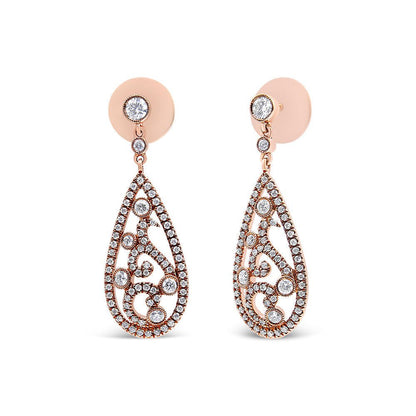 18K rose gold teardrop shaped diamond drop and dangle screw back stud earrings with intricate bezel set diamond design
