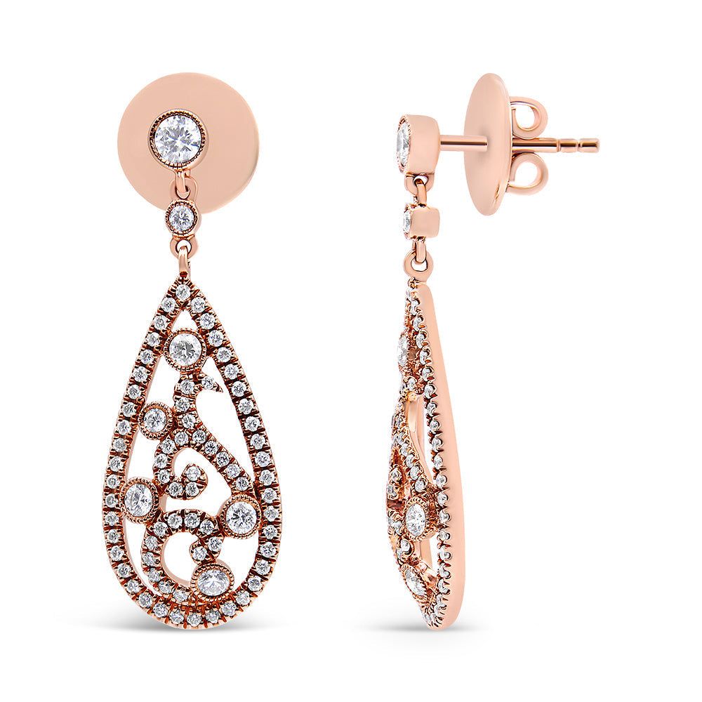 18K rose gold teardrop-shaped diamond drop and dangle screw back stud earrings with intricate bezel set diamonds and milgrain finish