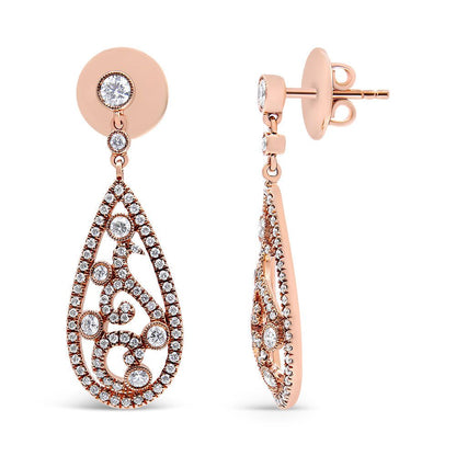 18K rose gold teardrop-shaped diamond drop and dangle screw back stud earrings with intricate bezel set diamonds and milgrain finish