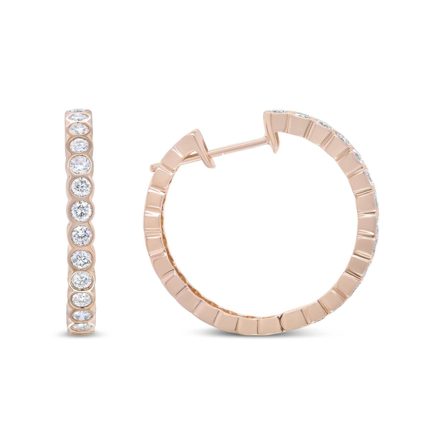 18K rose gold hoop earrings with 1 cttw round bezel-set diamonds and latch back closure