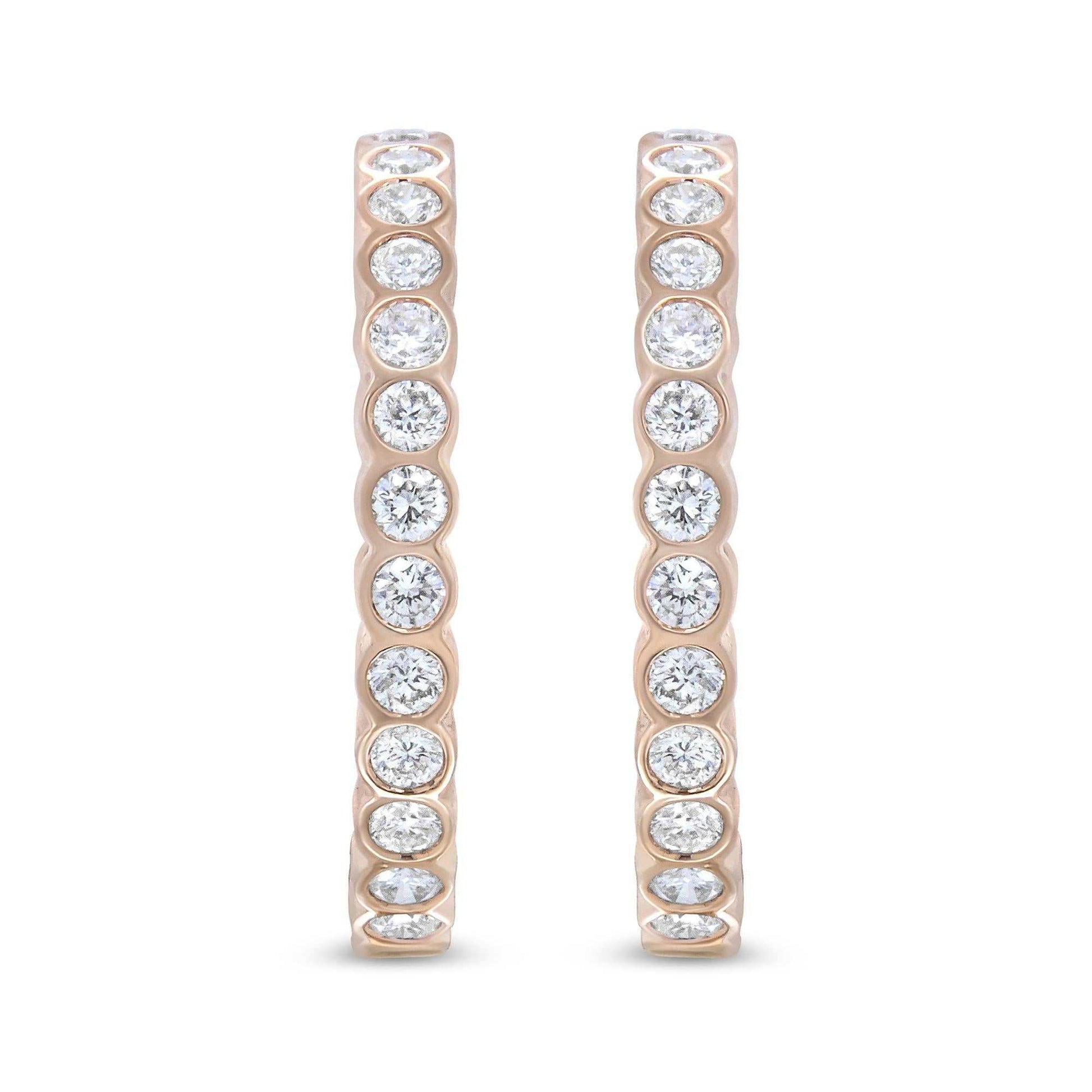 18K rose gold hoop earrings with bezel-set round diamonds totaling 1 carat, 25mm diameter