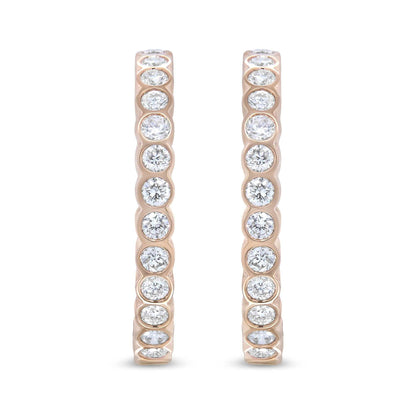 18K rose gold hoop earrings with bezel-set round diamonds totaling 1 carat, 25mm diameter