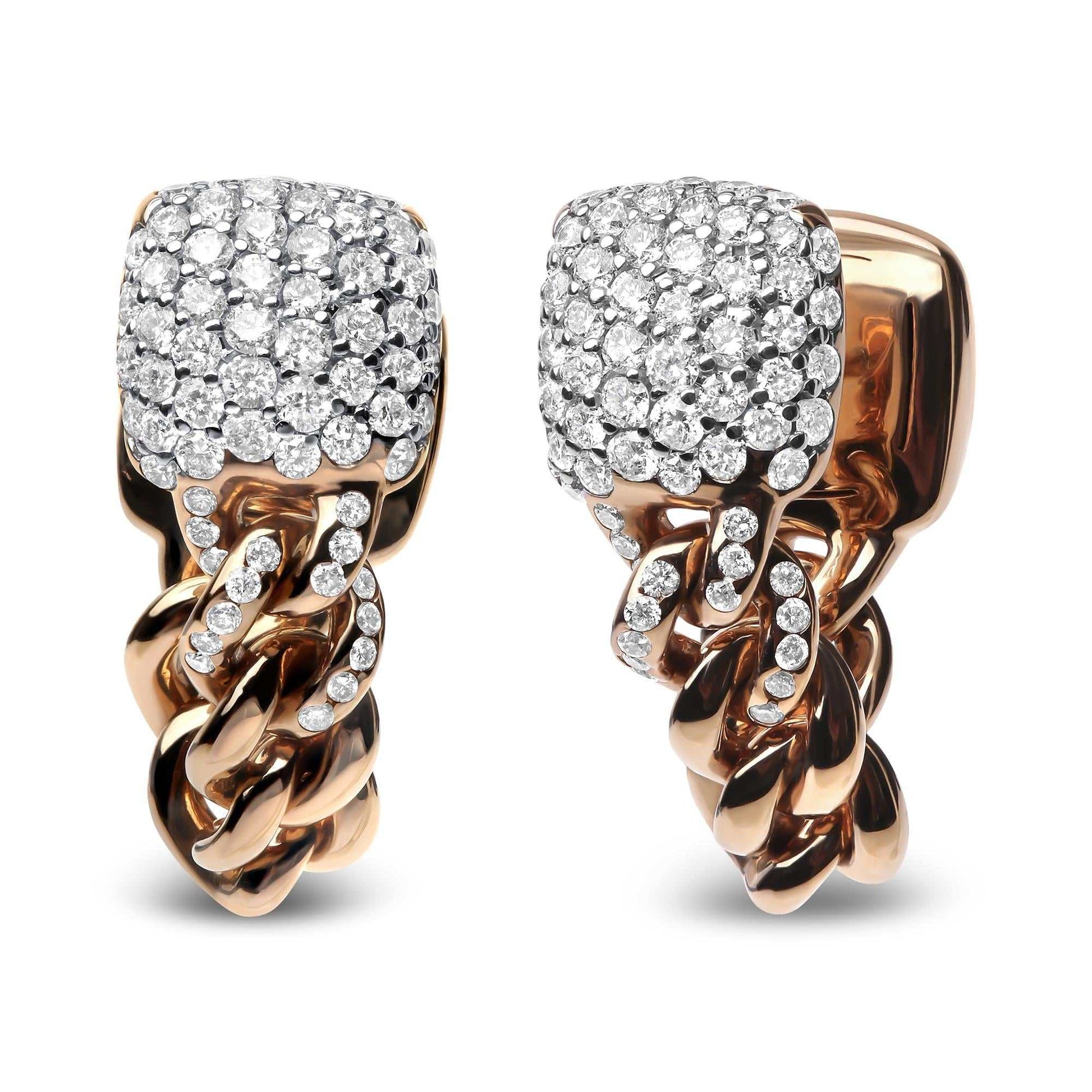 18K rose gold huggie earrings with diamond pave Cuban chain design and round diamonds