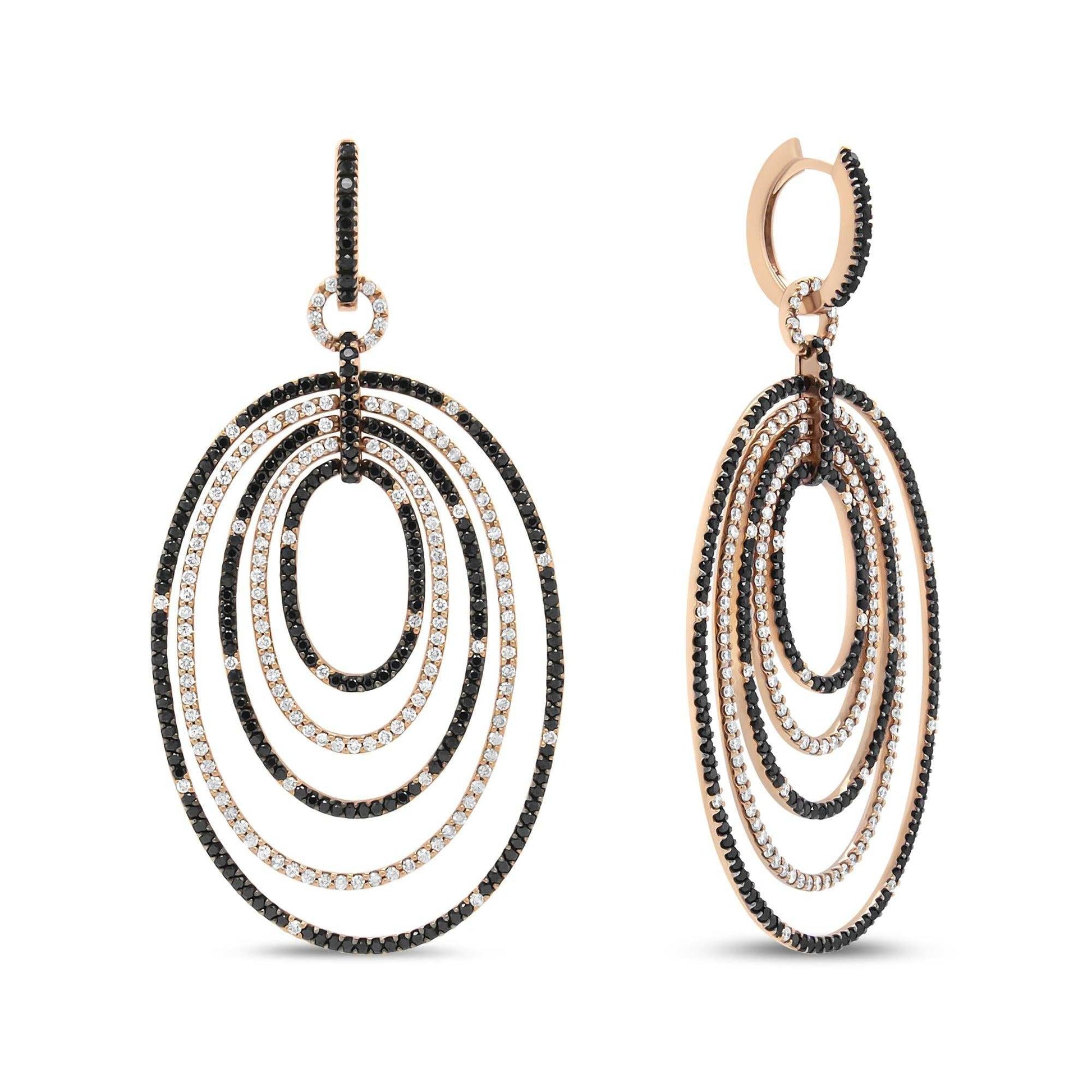 18K rose gold graduated hoop dangle earrings with alternating black and white diamonds totaling 5.00 cttw