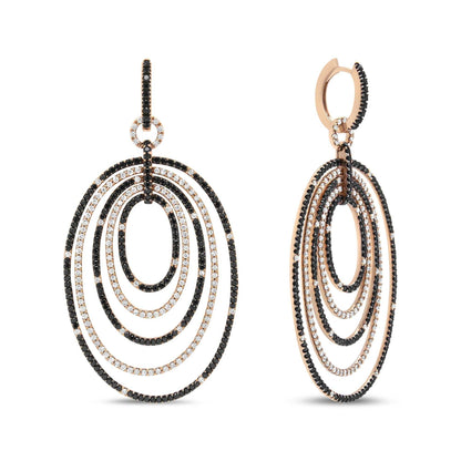 18K rose gold graduated hoop dangle earrings with alternating black and white diamonds totaling 5.00 cttw