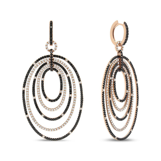 18K rose gold graduated hoop dangle earrings with alternating black and white diamonds totaling 5.00 cttw