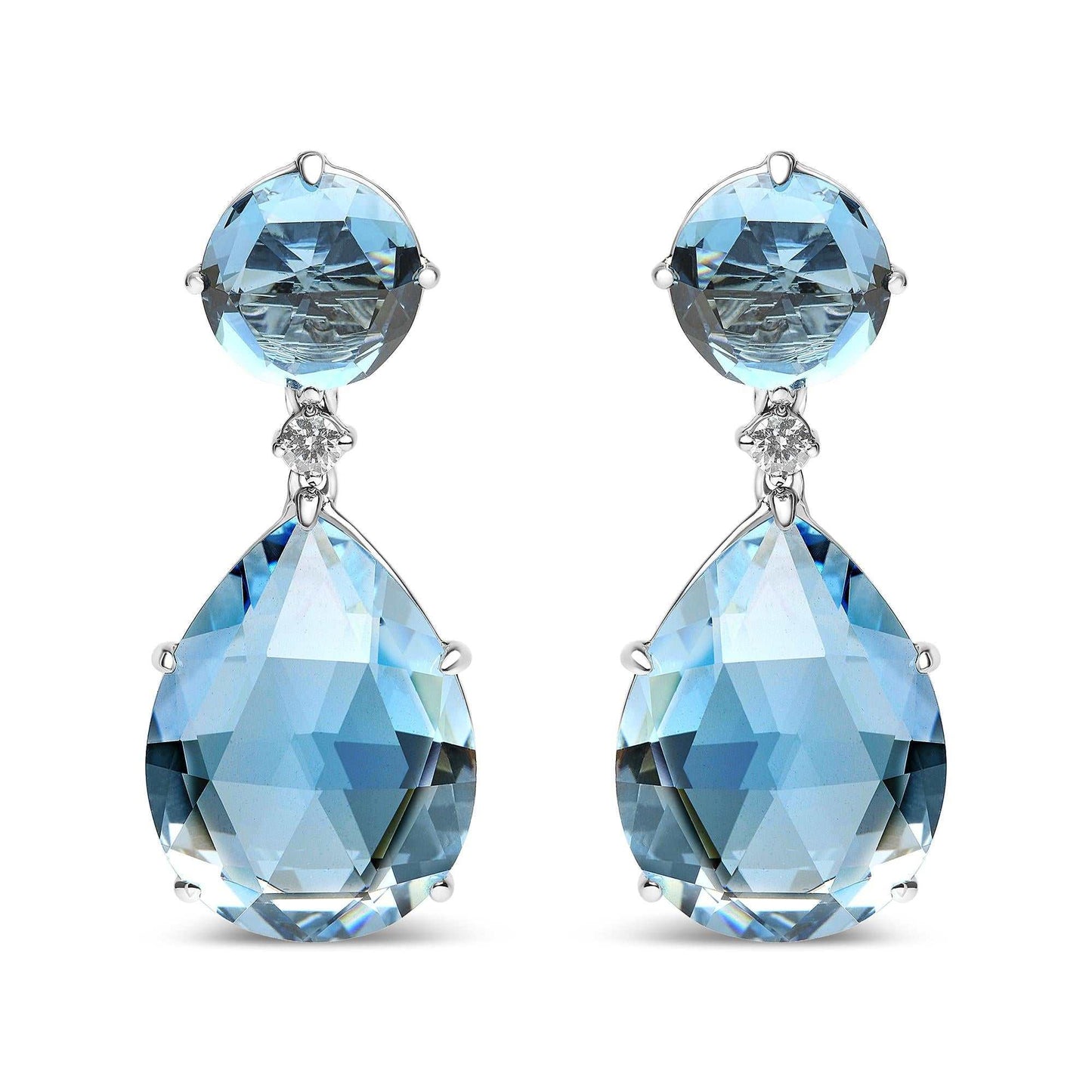 18K white gold earrings with round London Blue Topaz, 1/5 cttw diamonds, and pear-cut Sky Blue Topaz gemstones