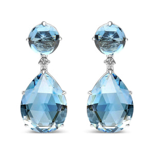 18K white gold earrings with round London Blue Topaz, 1/5 cttw diamonds, and pear-cut Sky Blue Topaz gemstones