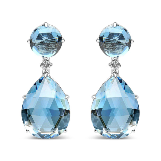 18K white gold earrings with round London Blue Topaz, 1/5 cttw diamonds, and pear-cut Sky Blue Topaz gemstones