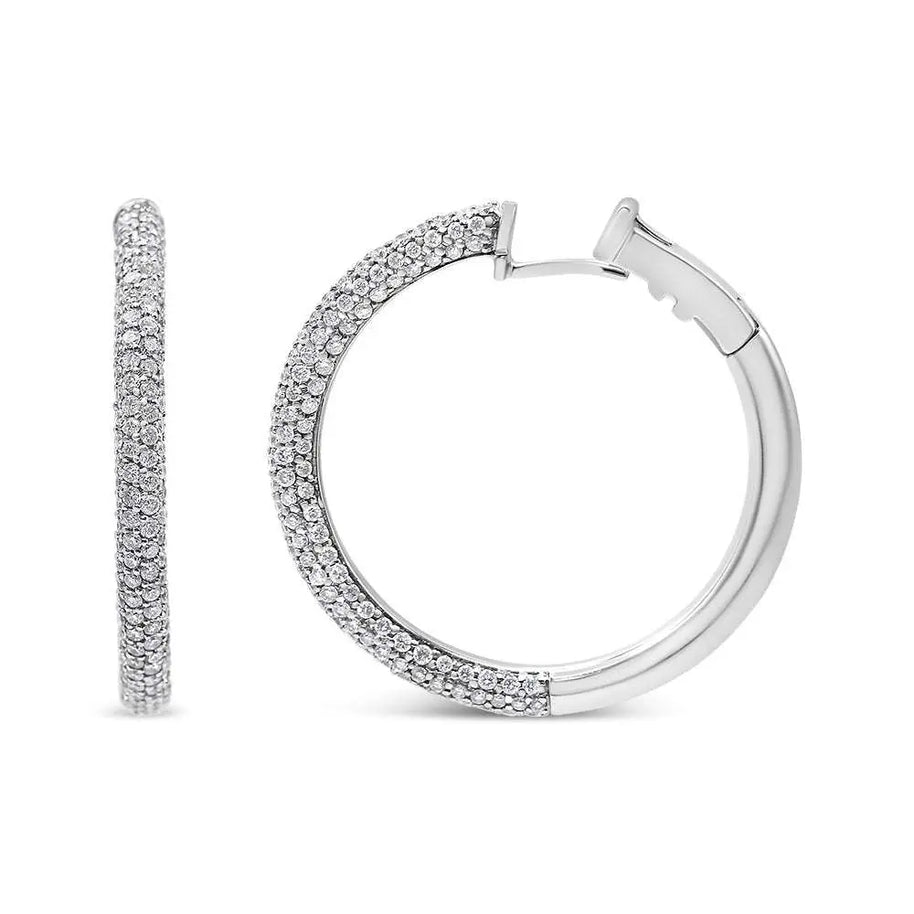 18K white gold pave set diamond semi eternity leverback hoop earrings with 2 1/3 carat total weight and F-G color VS1-VS2 clarity diamonds