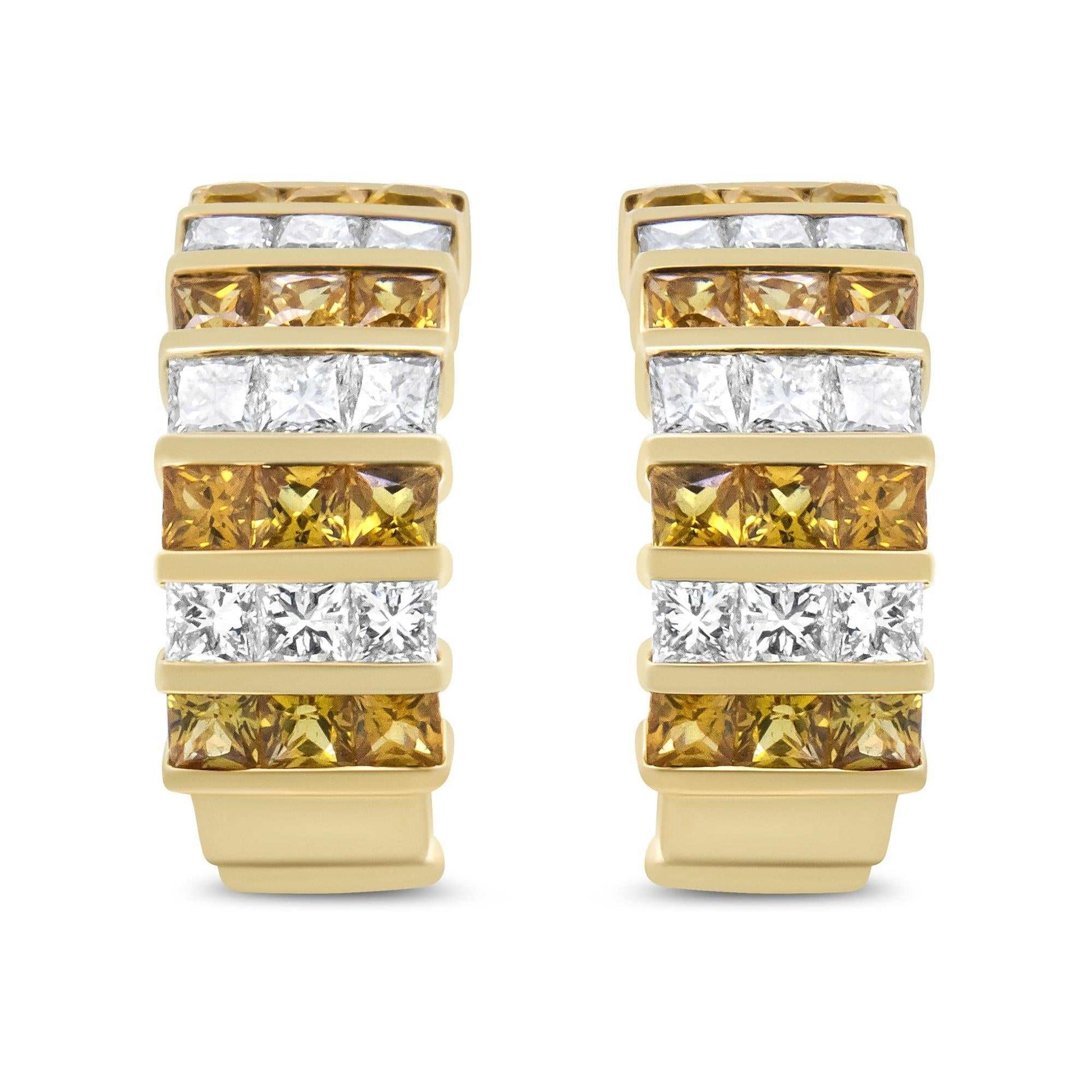 18K Yellow Gold 1 3/4 Cttw Invisible Set Princess Cut Diamond and 2.5mm Yellow Sapphire Huggie Hoop Earrings (F-G Color, - The Sparkling Squirrels & Co. 