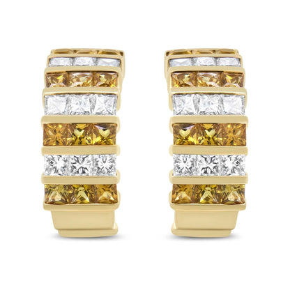 18K Yellow Gold 1 3/4 Cttw Invisible Set Princess Cut Diamond and 2.5mm Yellow Sapphire Huggie Hoop Earrings (F-G Color, - The Sparkling Squirrels & Co. 