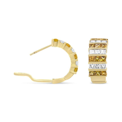 18K Yellow Gold 1 3/4 Cttw Invisible Set Princess Cut Diamond and 2.5mm Yellow Sapphire Huggie Hoop Earrings (F-G Color, - The Sparkling Squirrels & Co. 