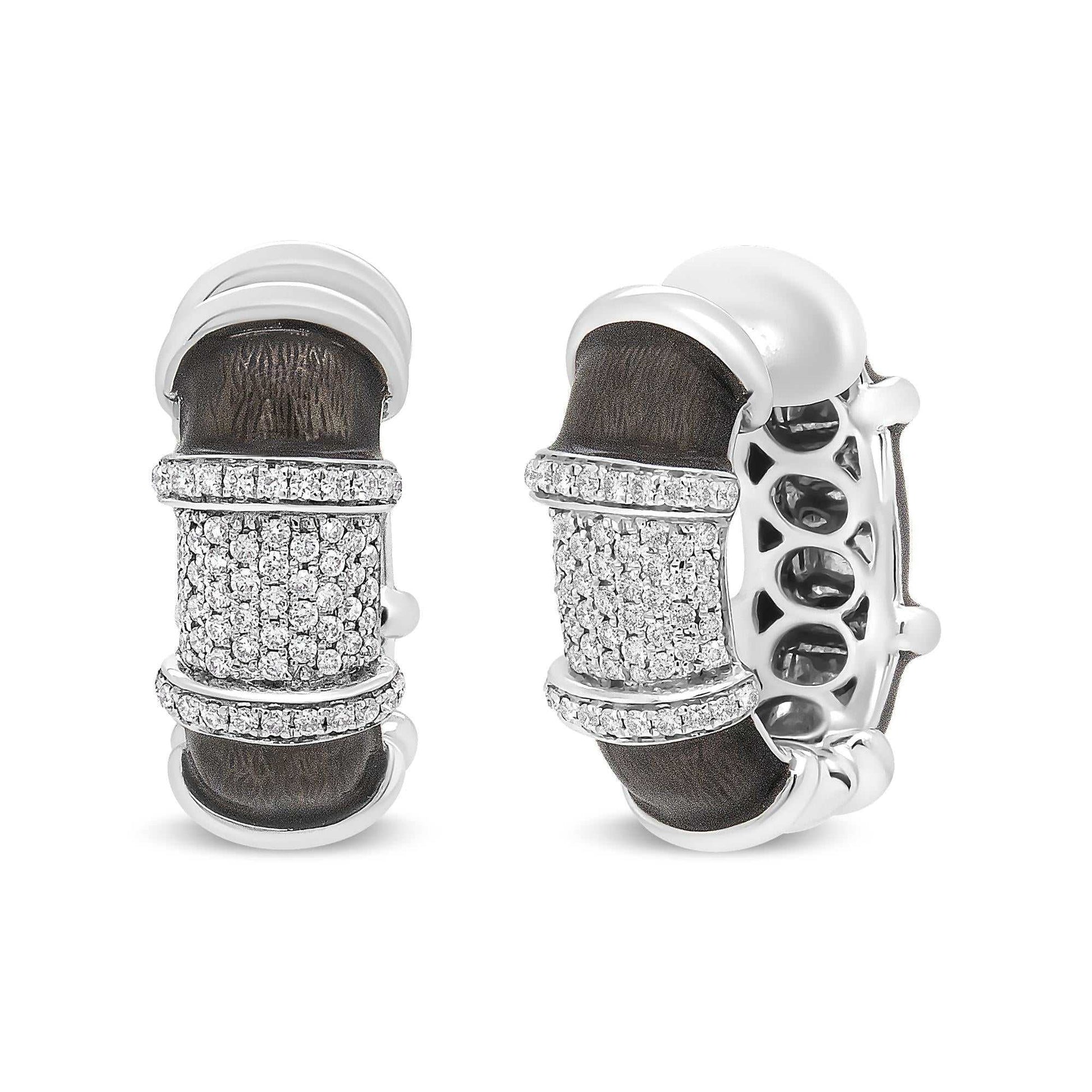 Clear graphite grey enamel huggie hoop earrings with 5/8 cttw round diamonds in sterling silver
