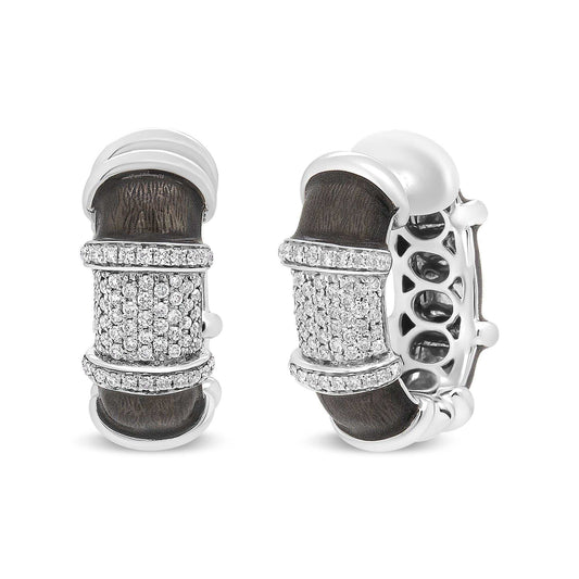 Clear graphite grey enamel huggie hoop earrings with 5/8 cttw round diamonds in sterling silver