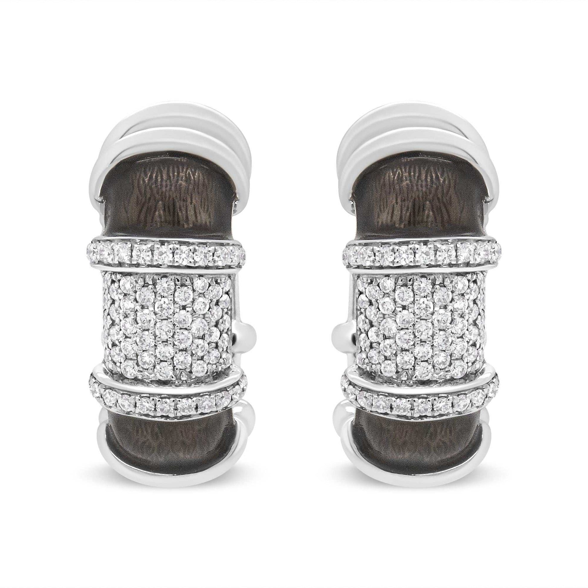 Clear graphite grey enamel huggie hoop earrings with 5/8 cttw round diamonds in white gold plated sterling silver
