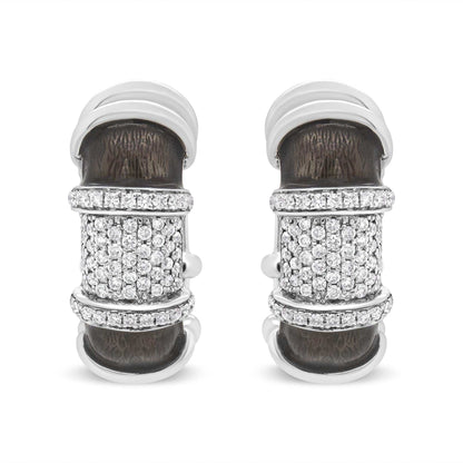 Clear graphite grey enamel huggie hoop earrings with 5/8 cttw round diamonds in white gold plated sterling silver