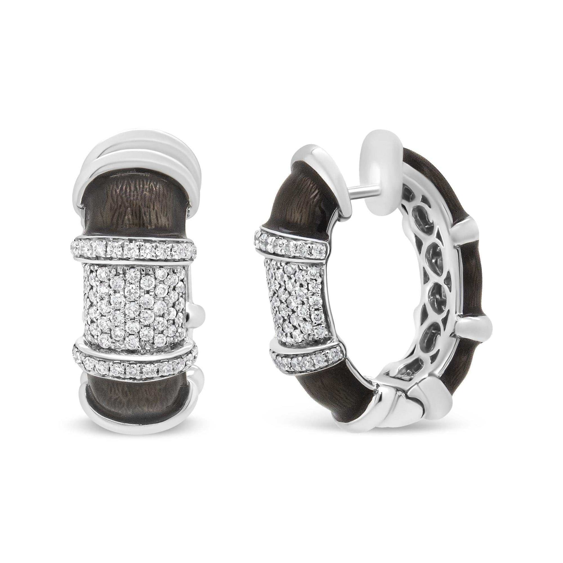 Clear graphite grey enamel huggie hoop earrings with 5/8 cttw round diamonds in sterling silver and white gold plating