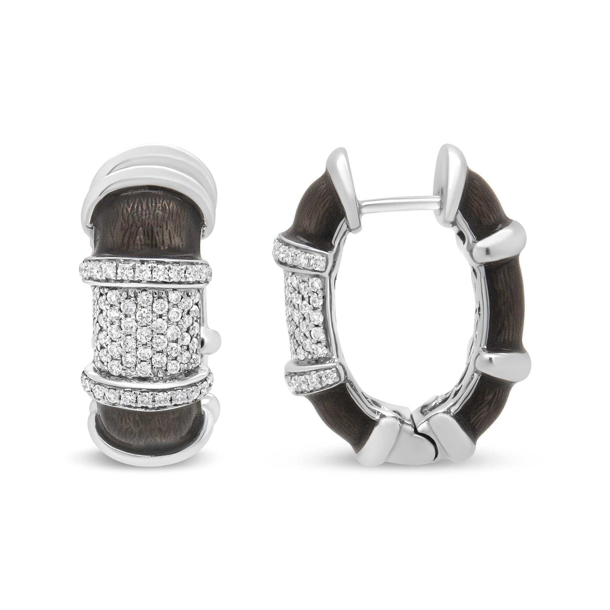 Clear graphite grey enamel huggie hoop earrings with 5/8 cttw round diamonds in 18k white gold plated sterling silver